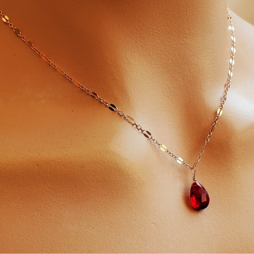 Simulated Ruby Drop Necklace - Gold/Red